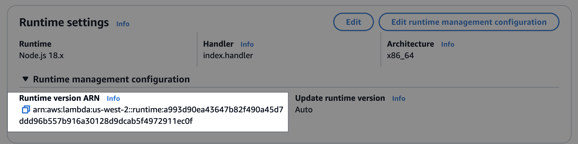 Shows the Runtime settings section of the screen, and shows where the Runtime version ARN appears in this section.