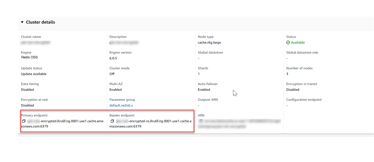 Image: Primary endpoint for a Redis (cluster mode disabled) cluster