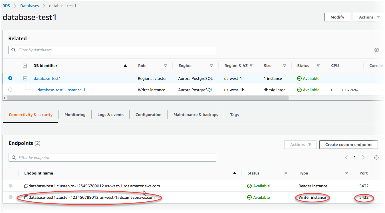 
									Connectivity & security tab showing endpoint
										name.
								