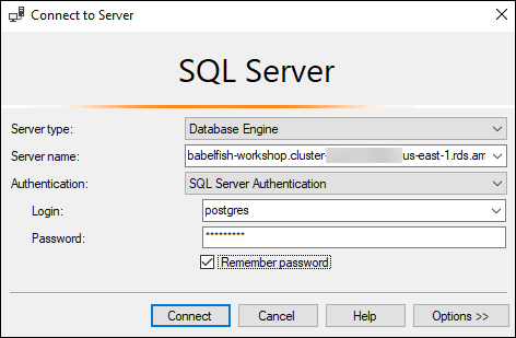 
							Connecting to a Babelfish database with SSMS.
						