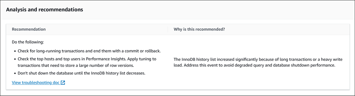 Recommendation details page for proactive recommendation showing the Analysis and recommendations section in the console