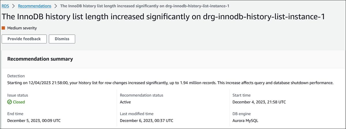 Recommendation details page for proactive recommendation showing the Recommendation summary section in the console