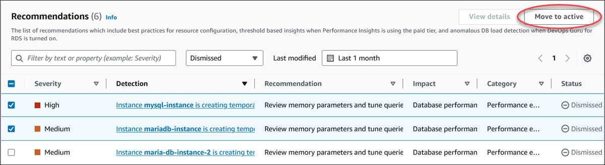 A few dismissed recommendations selected and Move to active button highlighted in the console