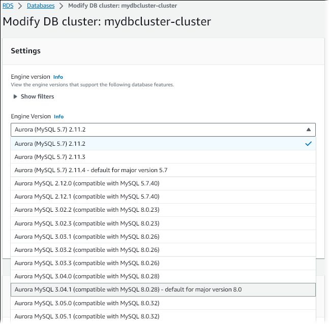 
                                In-place upgrade of an Aurora MySQL DB cluster from version 2 to version 3
                            