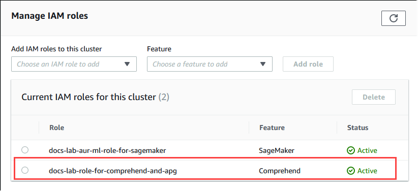 
       The role for Amazon Comprehend has been added to the Aurora PostgreSQL DB cluster and is now Active. 
     