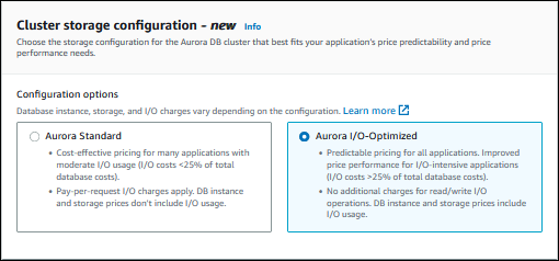 
                            Cluster storage configuration showing Aurora I/O-Optimized.
                        