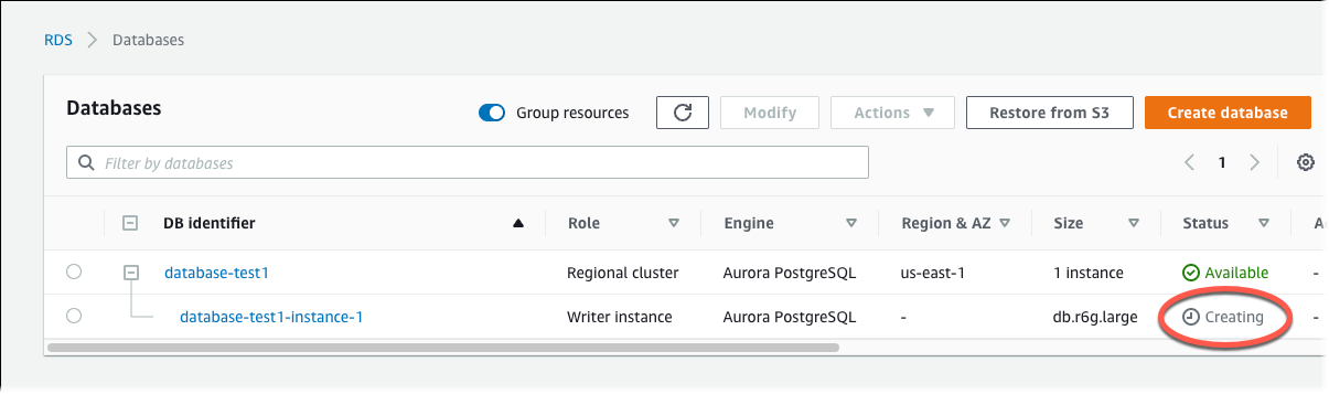 
							DB cluster details showing Region & AZ and Status.
						