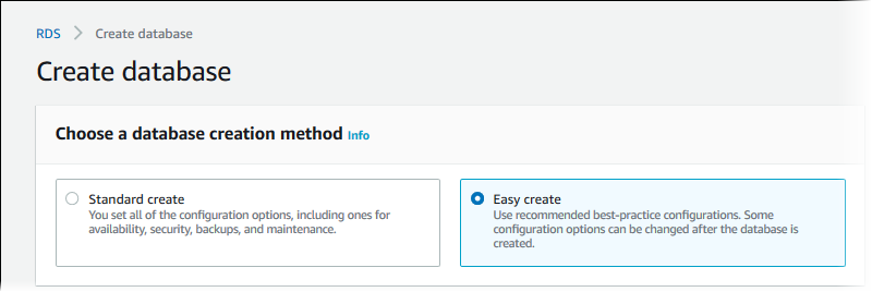 
							Create database section: Easy create option selected.
						