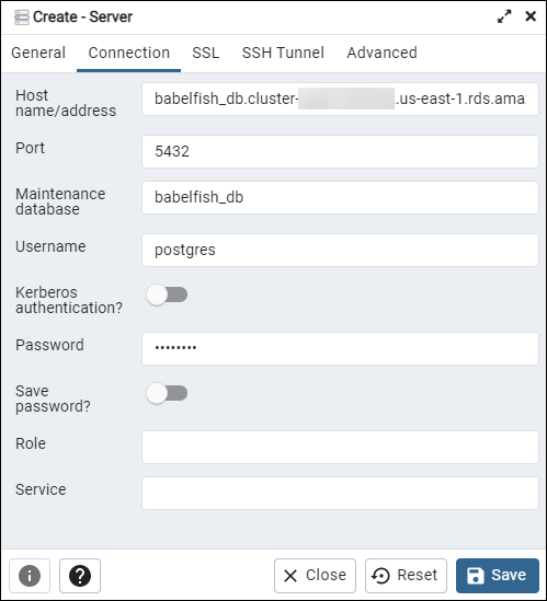 
							Defining the connection on pgAdmin.
						