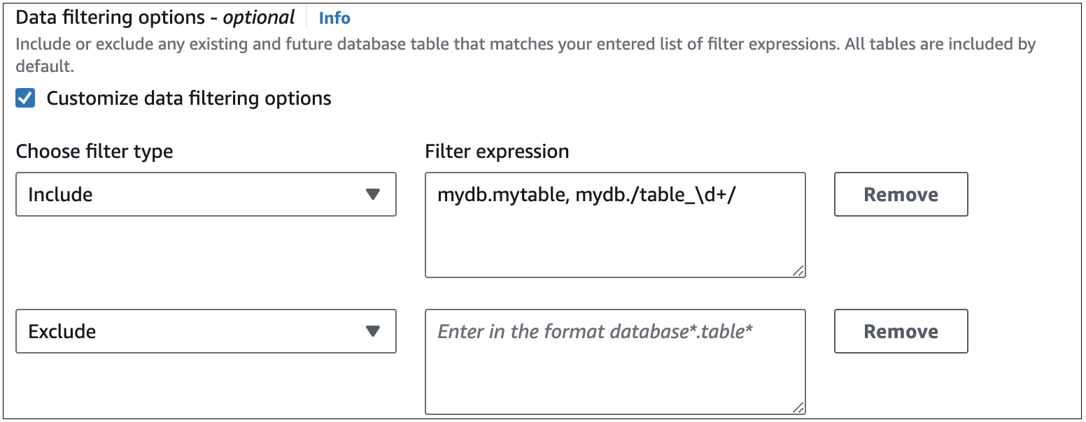 Data filters for a zero-ETL integration