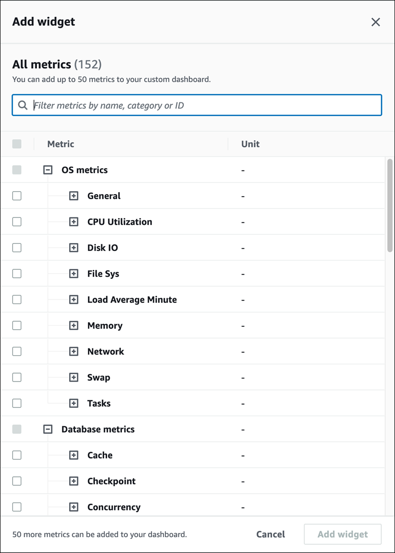 
                        The metrics options in the Add Widget
                            window.
                    