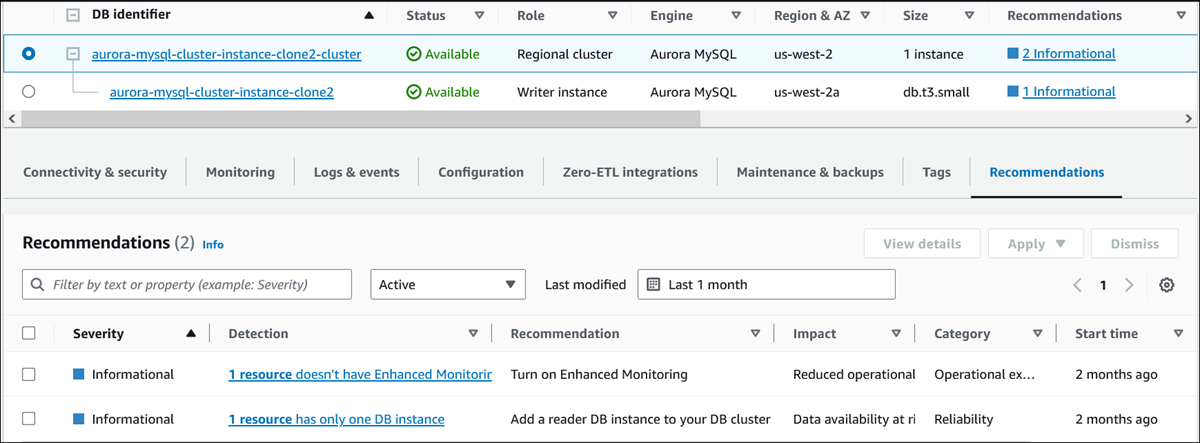 
                        Recommendations tab on Databases page in the console
                    