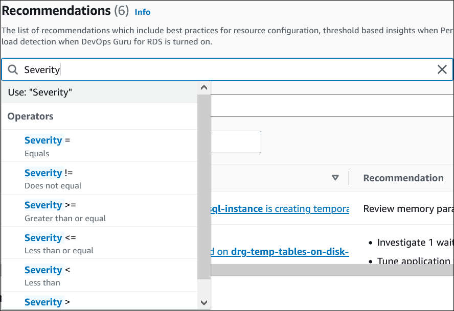 Recommendations page with severity operation in the console.