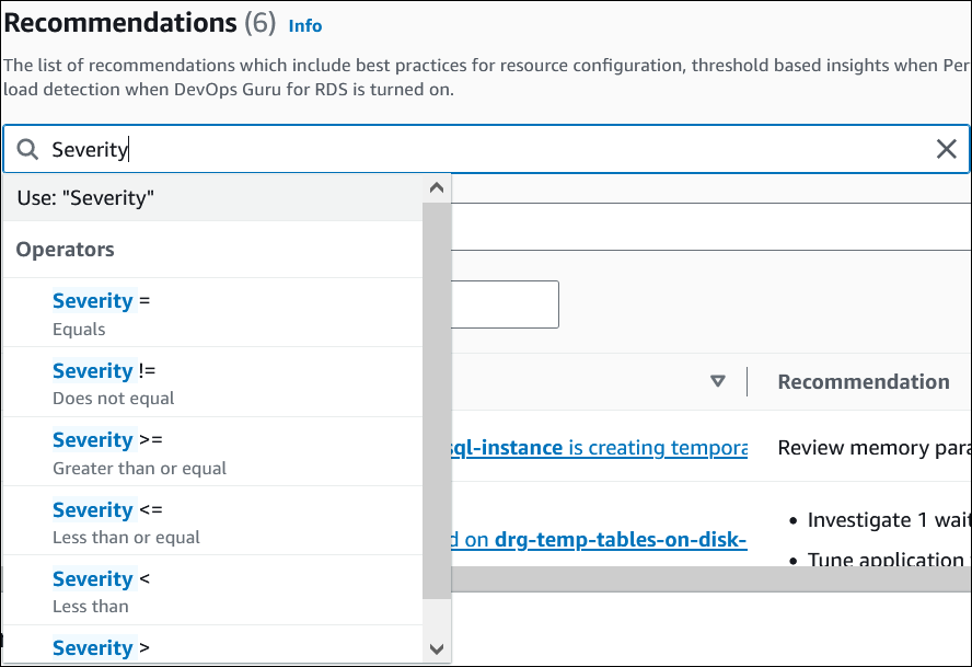 
                        Recommendations page with severity operation in the console.
                    