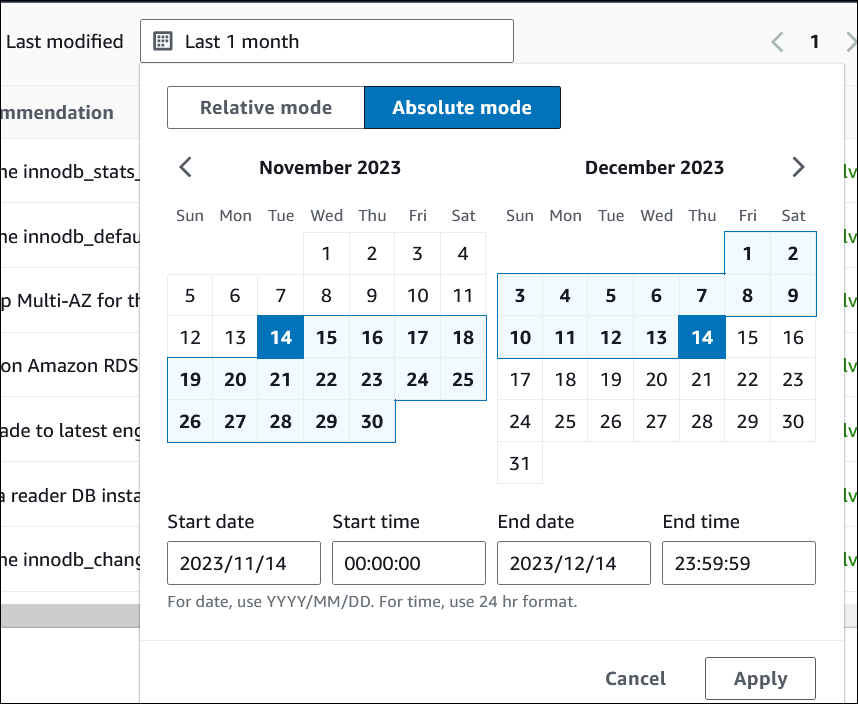 
                        Recommendations filtered by time period in the console
                    