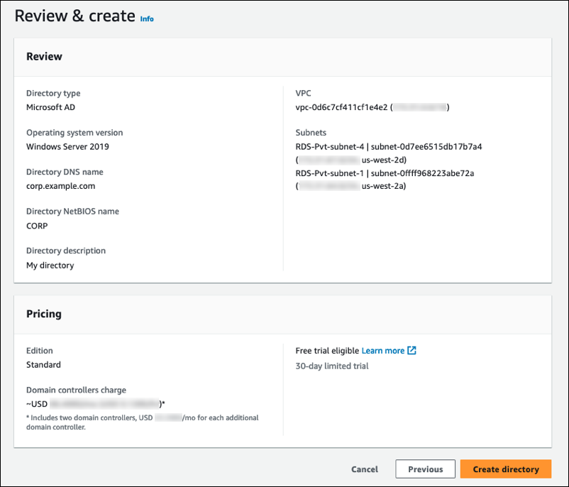The Review & create window during directory creation in the AWS Directory Service console.