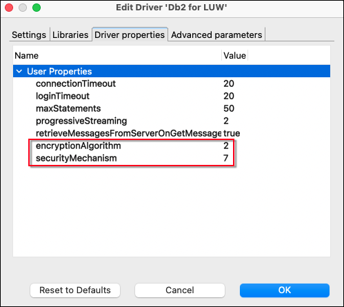 The Driver properties tab in the Edit Driver window in DBeaver.
