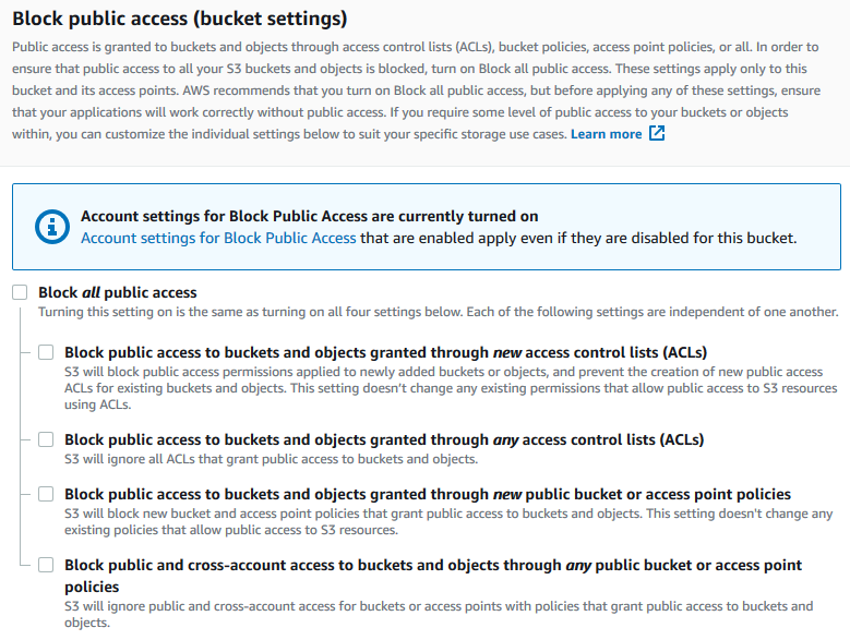 
				                A screenshot that shows Block public access bucket settings.
			                 