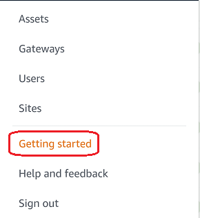 Menu options including Assets, Gateways, Users, Sites, with Getting started highlighted.