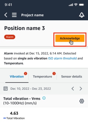 Mobile app interface showing alarm details with "Acknowledge" button highlighted.