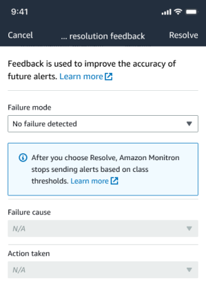 Resolution feedback interface with failure mode, failure cause, and action taken fields.