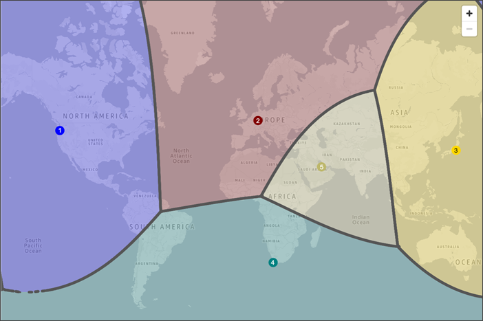 A map of the world that shows how traffic is routed when you have geoproximity records for resources in the AWS Regions in US West (Oregon), Europe (Frankfurt), Asia Pacific (Tokyo), Africa (Cape Town) and Middle East (Bahrain).