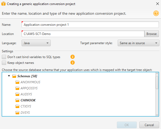 
                        The New application conversion project dialog box
                    
