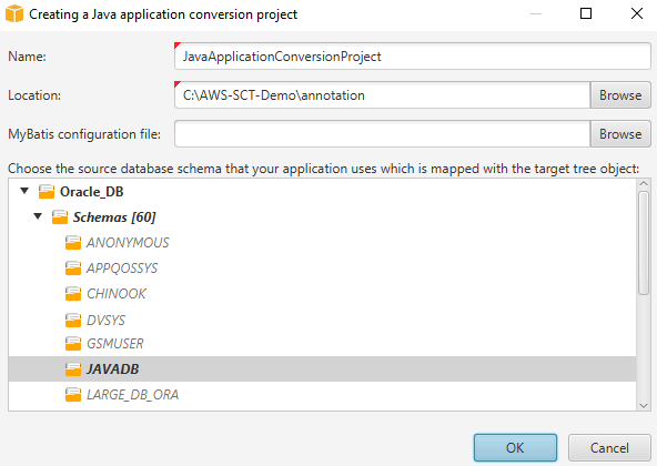 
                            The new Java application conversion project dialog box
                        