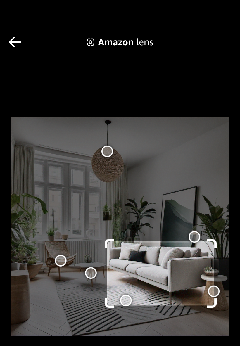 Living room interior with furniture and decor items highlighted for Amazon Lens product search and purchase. A couch is highlighted.