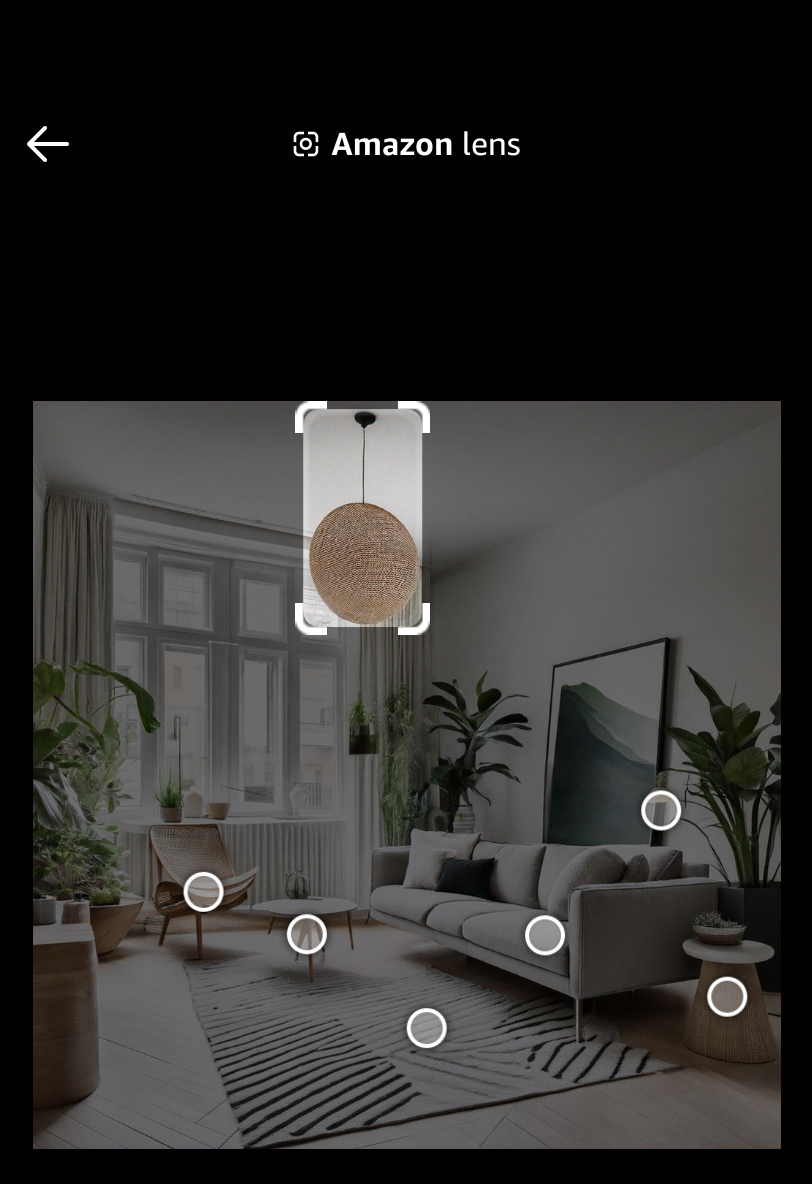 Living room with gray couch, area rug, plants, pendant light, chairs, and side table; icons highlight furniture and decor products for purchase. A hanging light is highlighted.