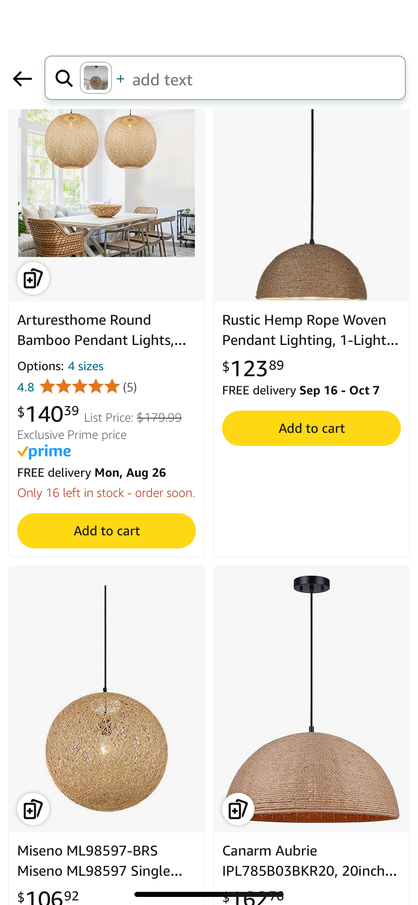 Amazon product listing page showing pendant light fixtures, with product details and pricing displayed.
