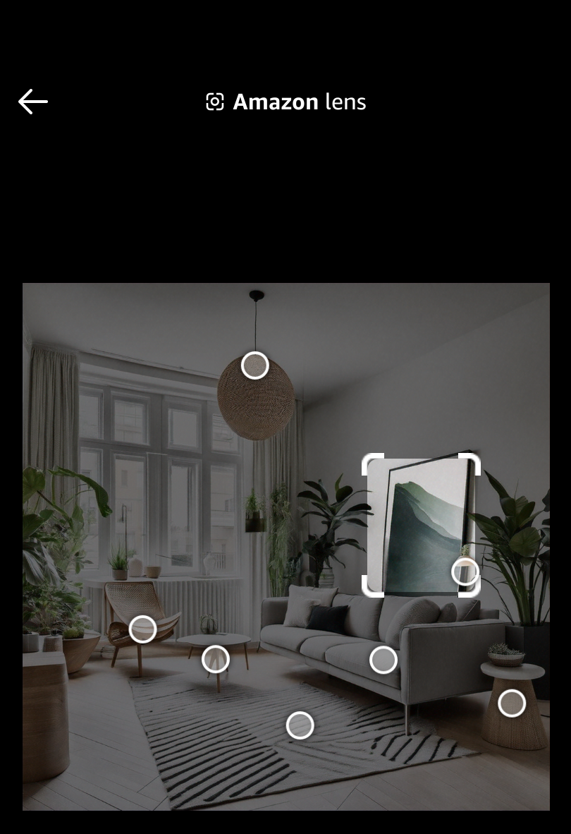 Living room with sofa, plants, interactive circular icons overlaying furniture and decor items. A hanging poster is highlighted.