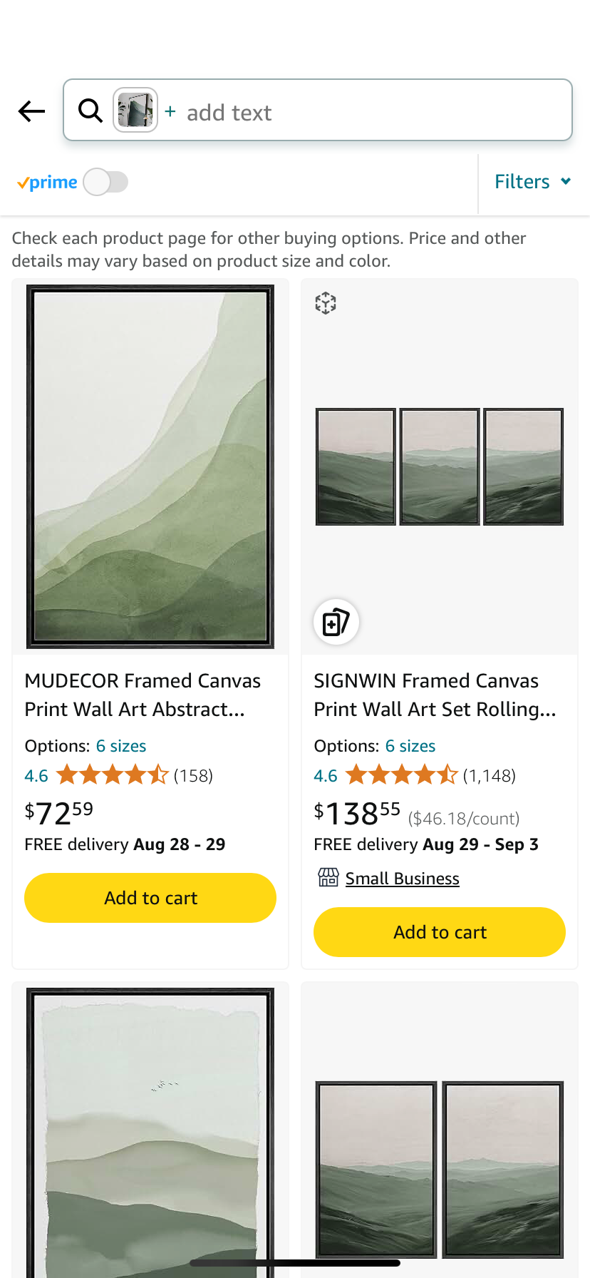 Amazon product listing page showing framed canvas wall art prints with abstract landscape designs, including product names, ratings, and prices.