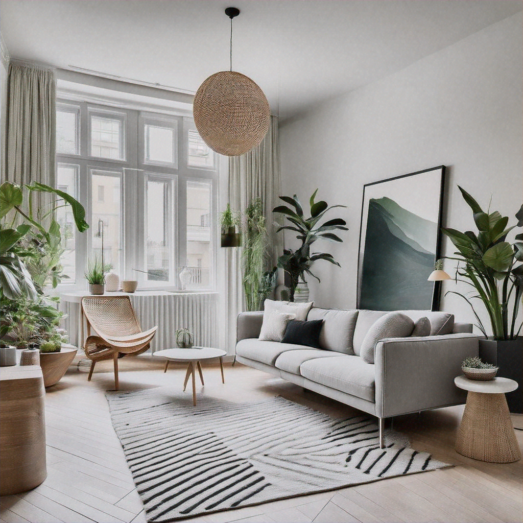 Living room with gray sofa, woven armchair, large pendant light, plants, framed artwork, and patterned area rug.