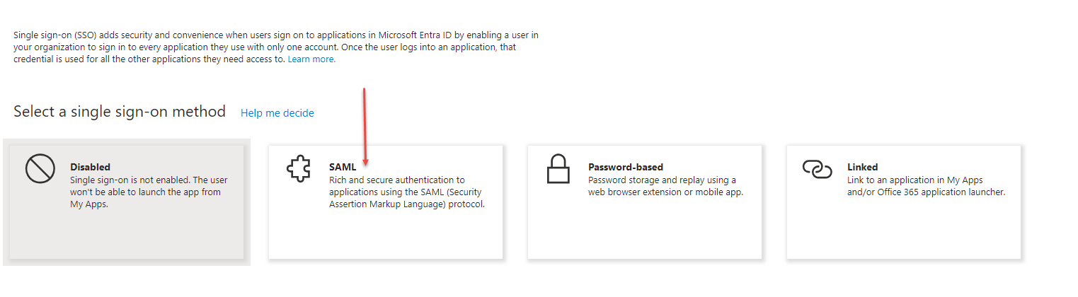 Image of Microsoft Entra ID portal: Select a single sign-on method workarea with options for single sign-on methods, and SAML option.