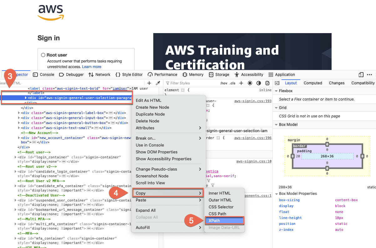 Screenshot showing the context menu in browser developer tools with various options including "Copy XPath" for extracting the XPath of a selected HTML element.