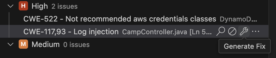 The wrench icon for a code issue, used to open the Code Issue Details panel and generate a code fix.