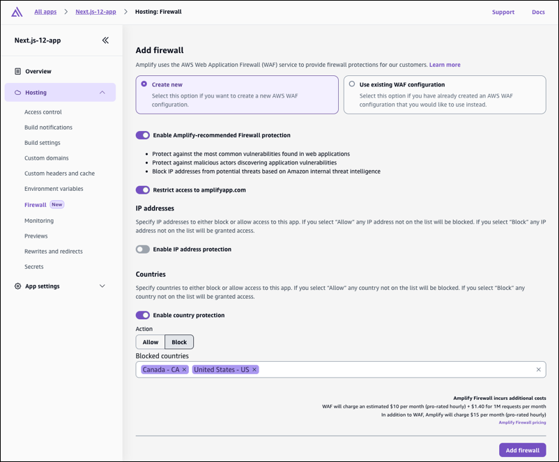 The Amplify console Add firewall with all of the firewall settings enabled.