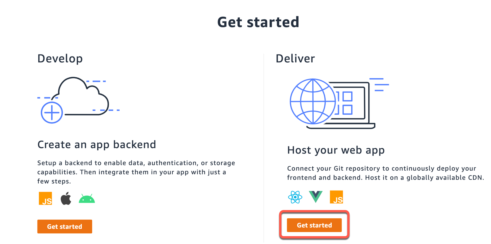 
         The Deliver section at the bottom of the AWS Amplify home
            page with Get started circled in red.
      