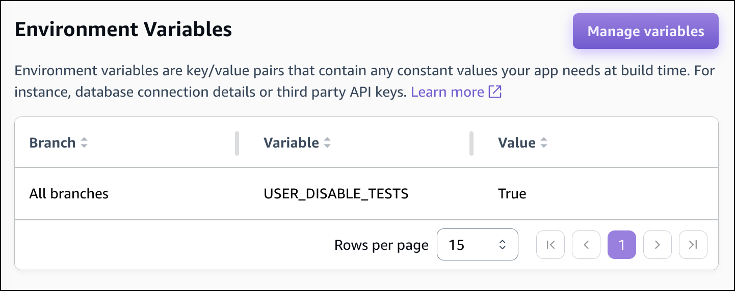 The Environment variables section in the Amplify console.