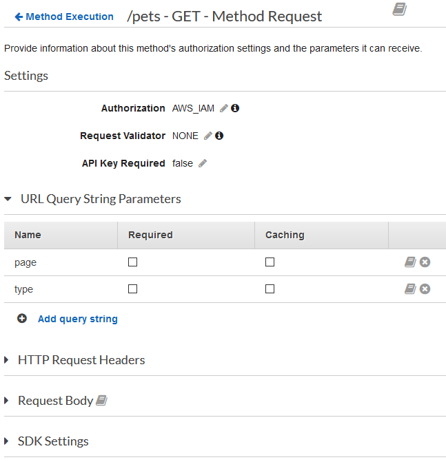 
                        Add query strings to GET on pets method request
                    
