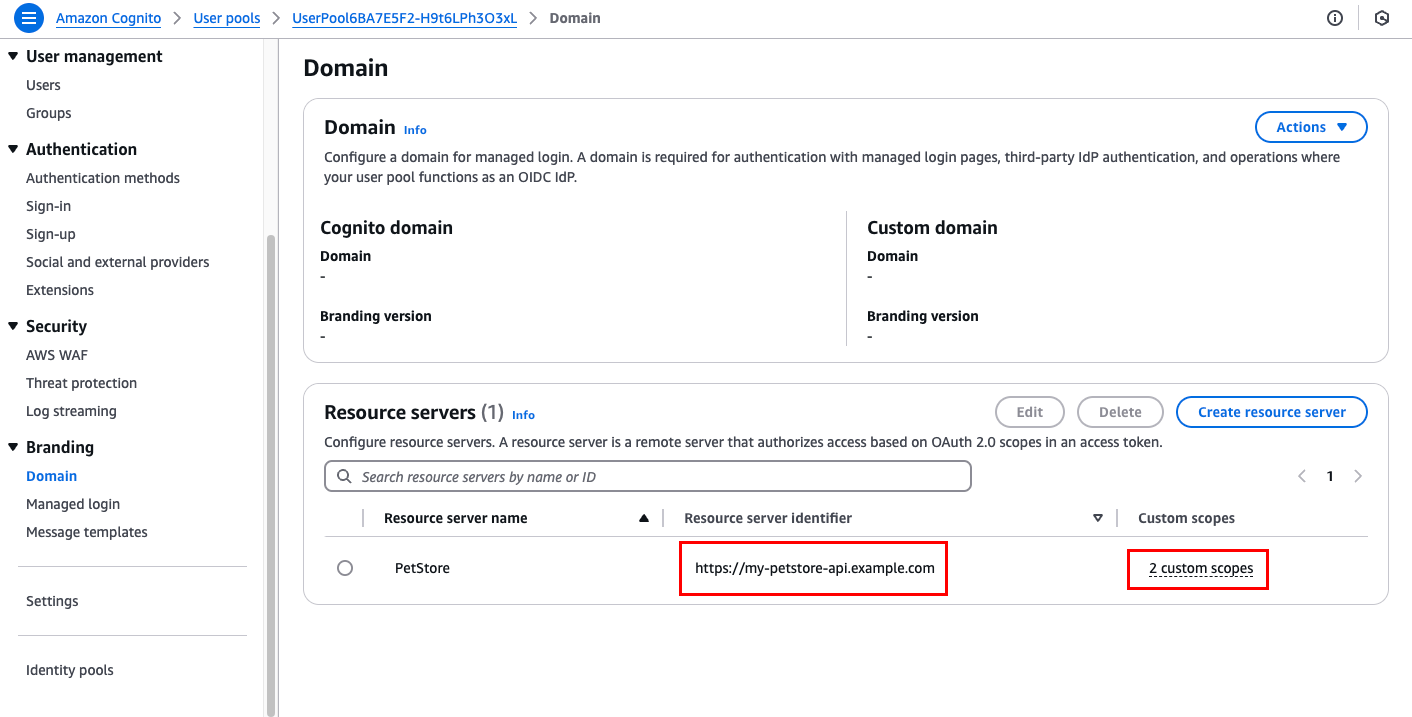 
                Amazon Cognito user pool resource servers and scopes
            