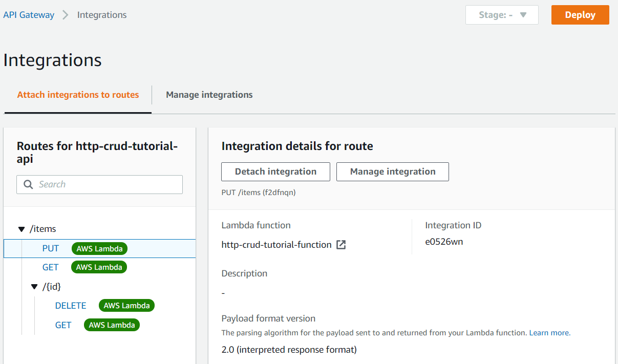 
        The console shows AWS Lambda on all routes to indicate that your integration is attached.
      