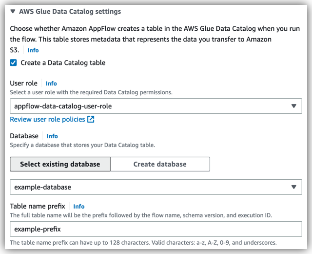 
     Example configuration of the AWS Glue Data Catalog settings on the Configure flow page.
    