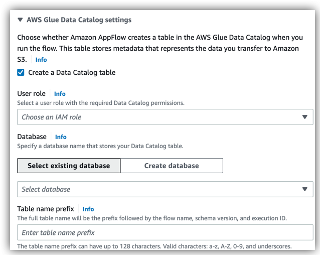 
      The AWS Glue Data Catalog settings on the Configure flow page in the Amazon AppFlow console.
     