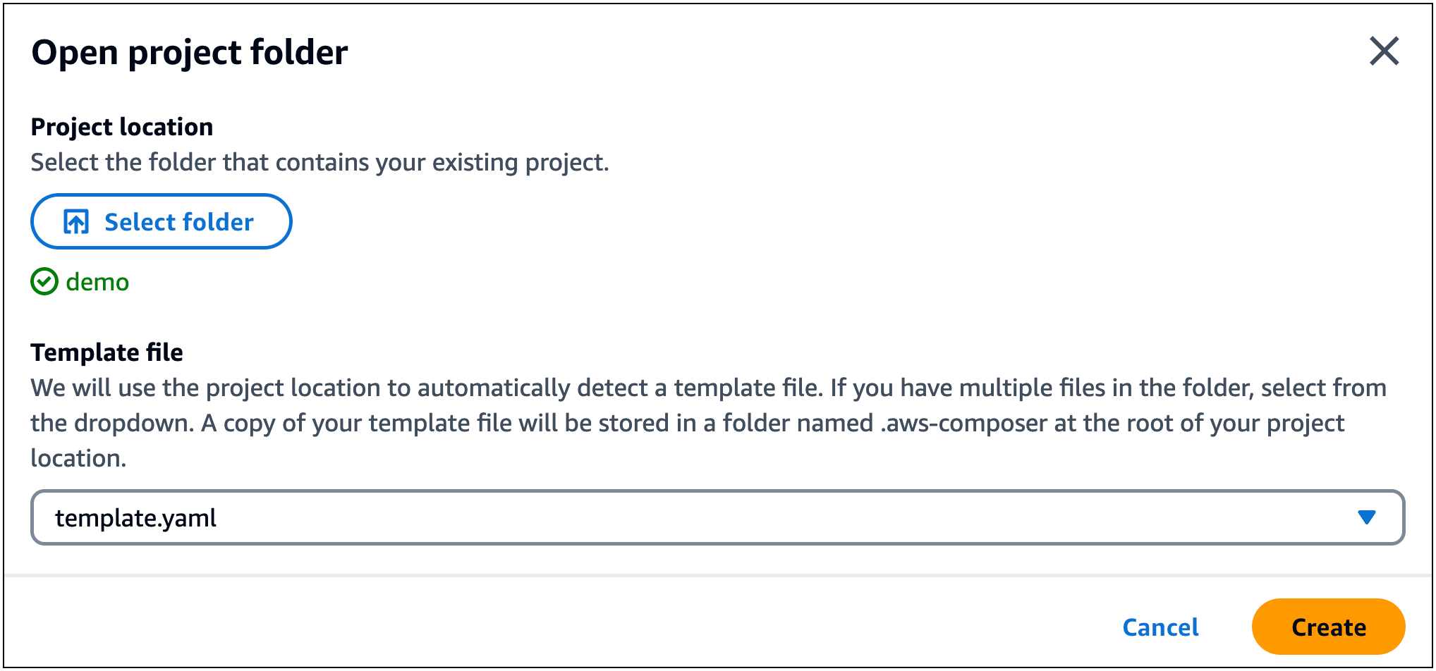 
						The Application Composer Open project folder window with our project folder
							selected.
					