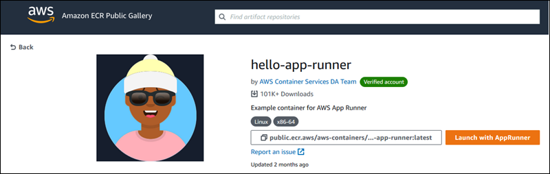 Amazon ECR Public Gallery showing a container image page with a Launch with App Runner button