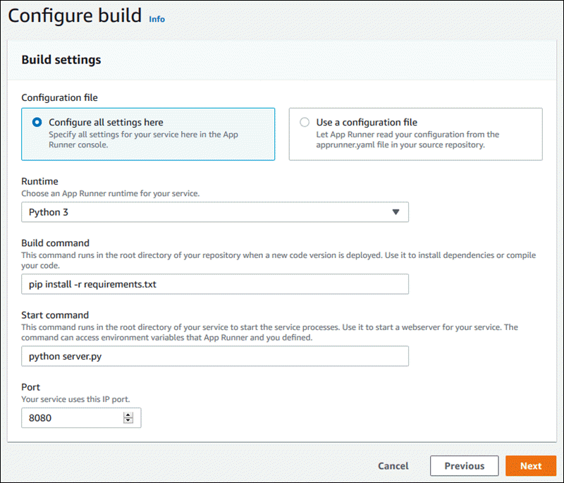 Build settings while creating an App Runner service
