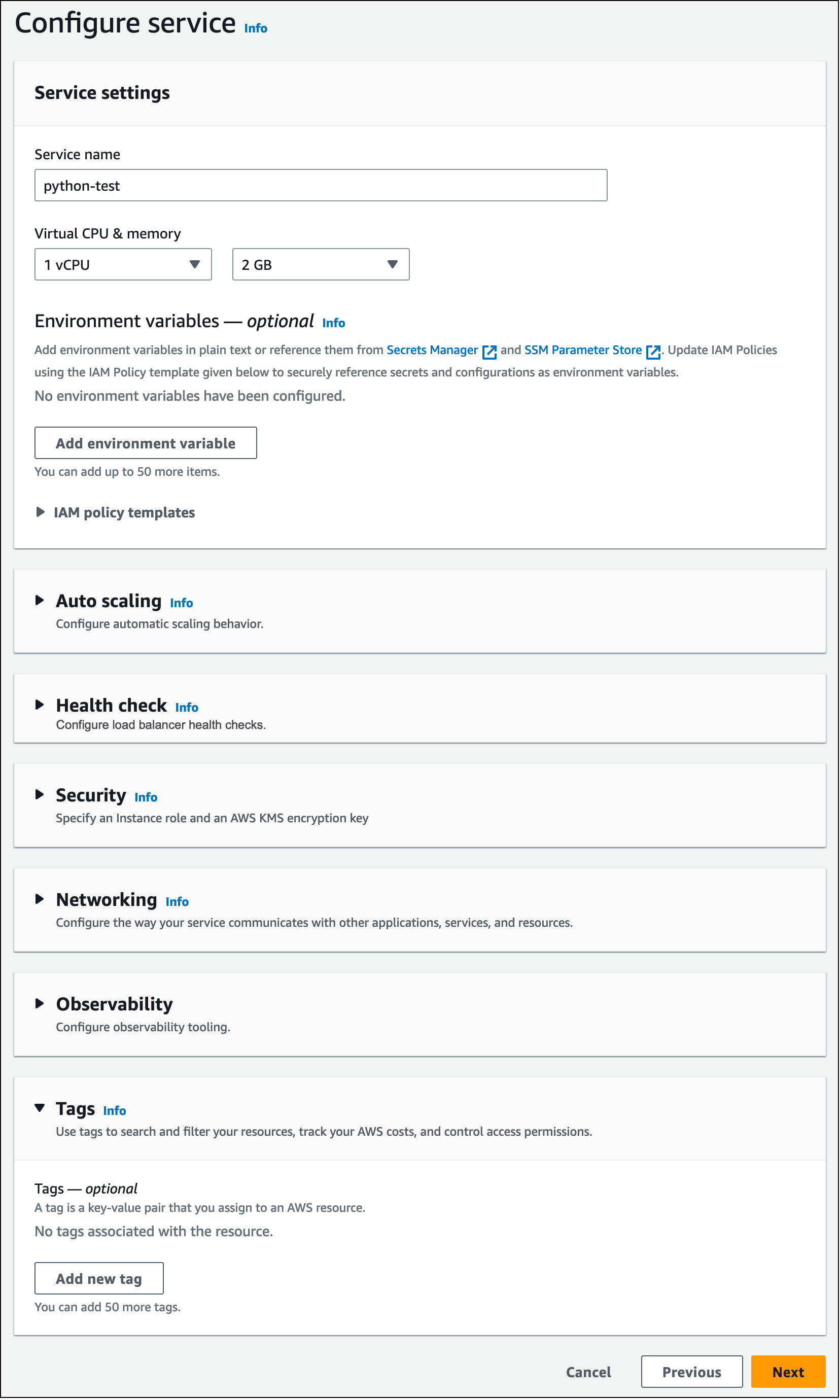 Service settings while creating an App Runner service