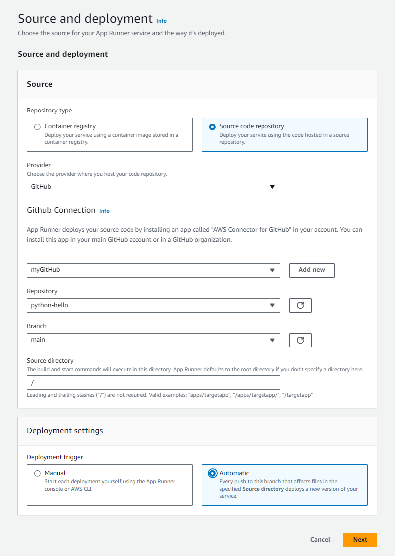 Source and deployment settings while creating an App Runner service